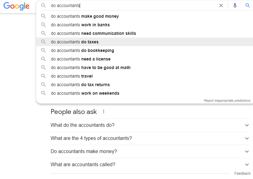 google autosuggest method to find out blog post ideas for accountants